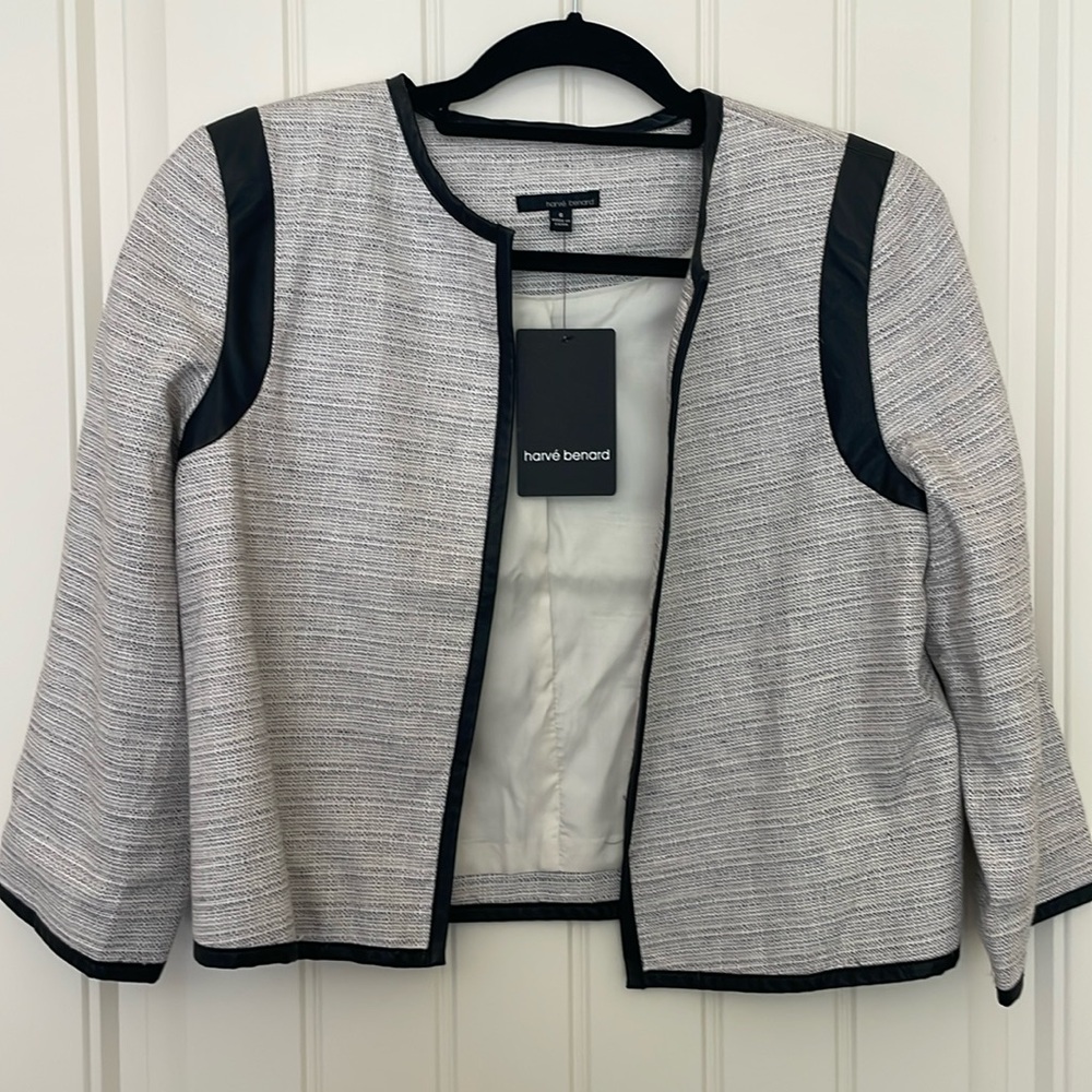 NWT Harve Benard Grey Blazer Jacket, 6, Cropped Faux Leather Trim Linen Blend